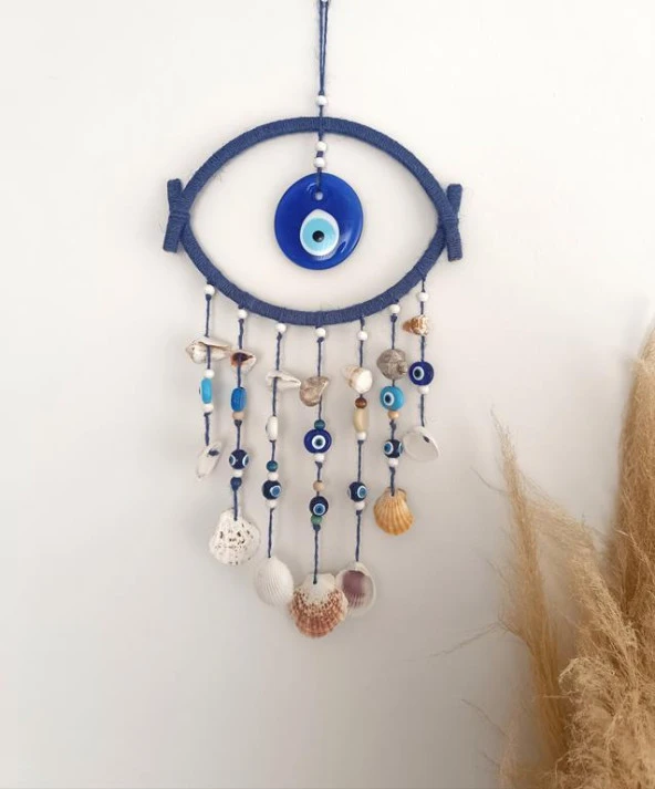 Nazar Boncuklu Mavi Hasır Deniz Kabuklu Duvar Süsü Rüzgar Çanı Sarkaç - 2