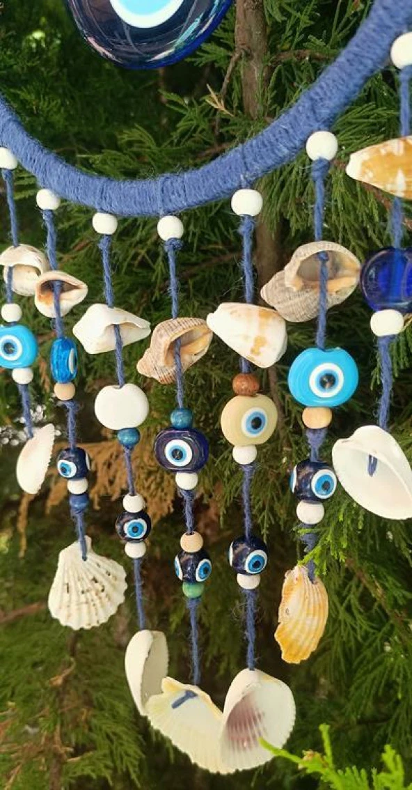 Nazar Boncuklu Mavi Hasır Deniz Kabuklu Duvar Süsü Rüzgar Çanı Sarkaç - 3