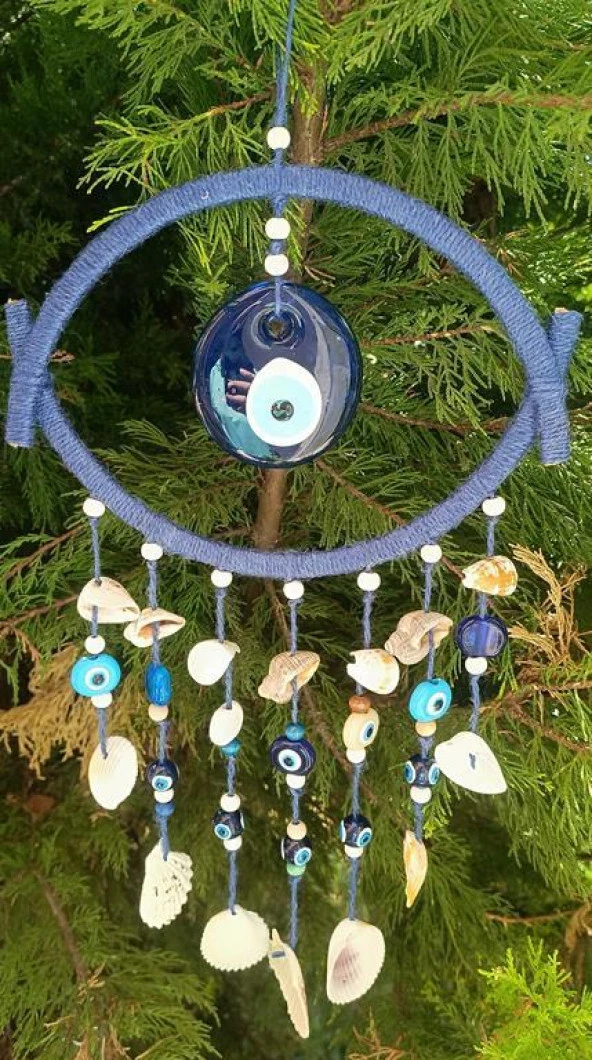 Nazar Boncuklu Mavi Hasır Deniz Kabuklu Duvar Süsü Rüzgar Çanı Sarkaç - 5