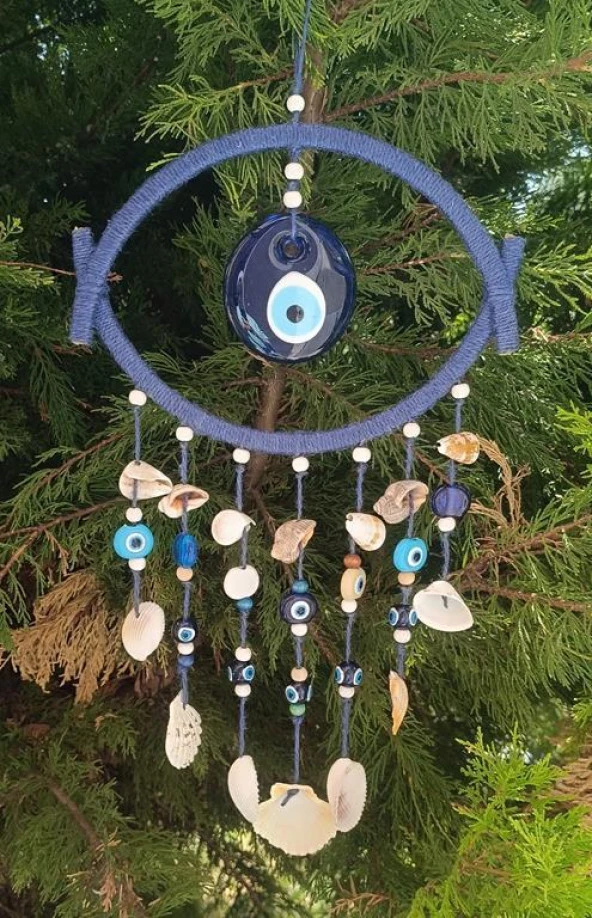 Nazar Boncuklu Mavi Hasır Deniz Kabuklu Duvar Süsü Rüzgar Çanı Sarkaç - 6