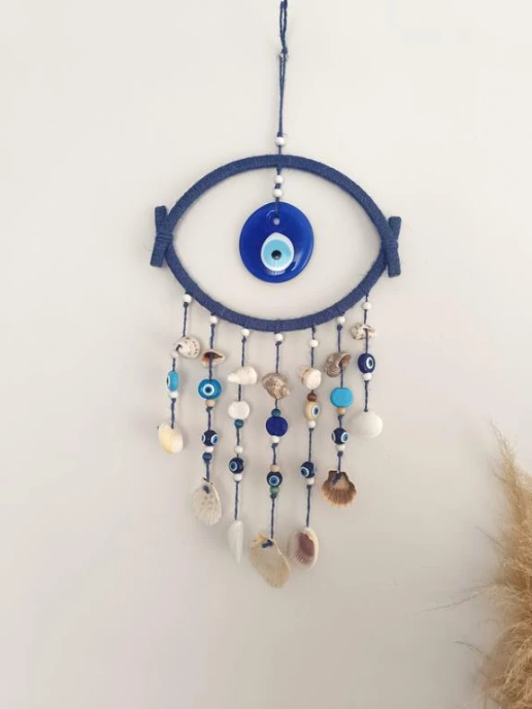 Nazar Boncuklu Mavi Hasır Deniz Kabuklu Duvar Süsü Rüzgar Çanı Sarkaç - 7