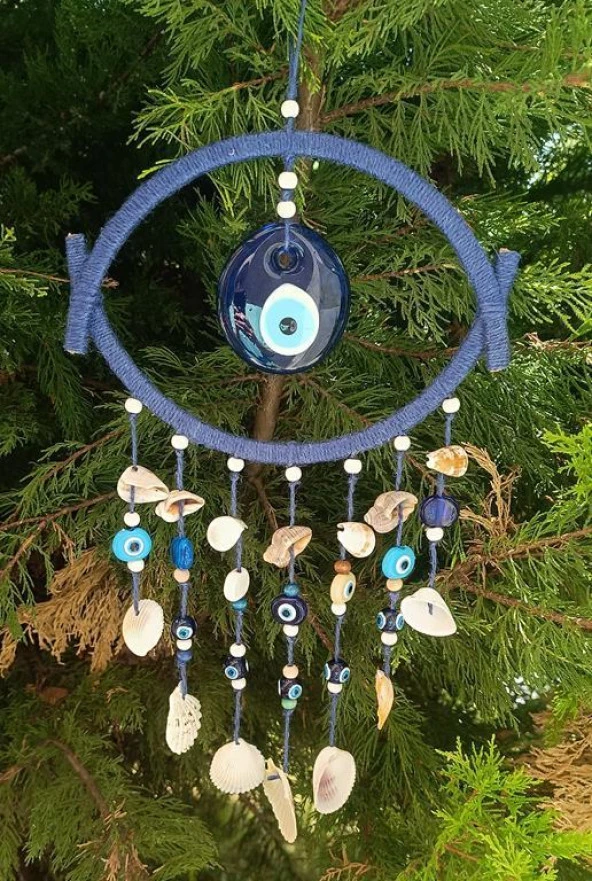 Nazar Boncuklu Mavi Hasır Deniz Kabuklu Duvar Süsü Rüzgar Çanı Sarkaç - 8