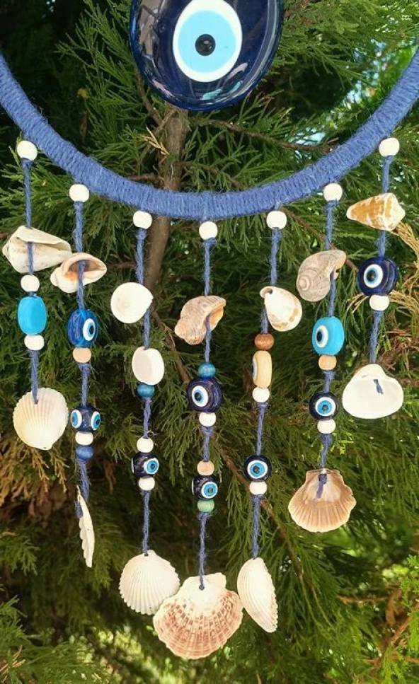 Nazar Boncuklu Mavi Hasır Deniz Kabuklu Duvar Süsü Rüzgar Çanı Sarkaç - 10