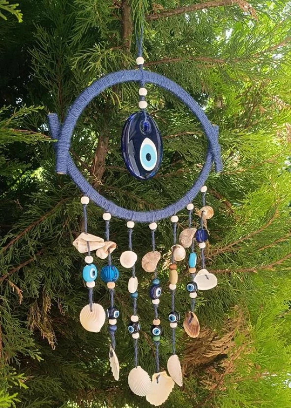 Nazar Boncuklu Mavi Hasır Deniz Kabuklu Duvar Süsü Rüzgar Çanı Sarkaç - 12