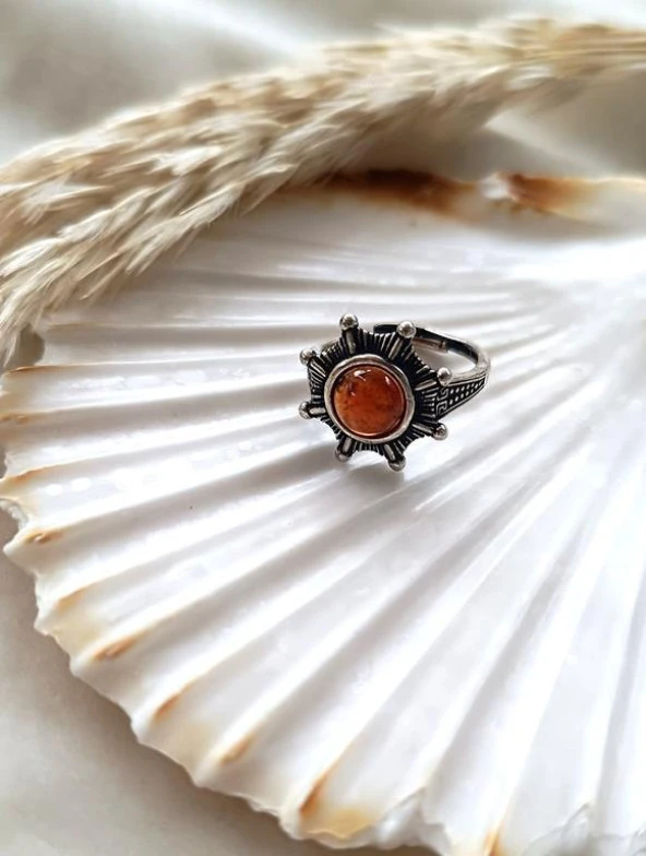 Yüzük Doğal Akik Taşı Ayarlanabilir Kadın Takı Çiçek Tasarım - Resim 3