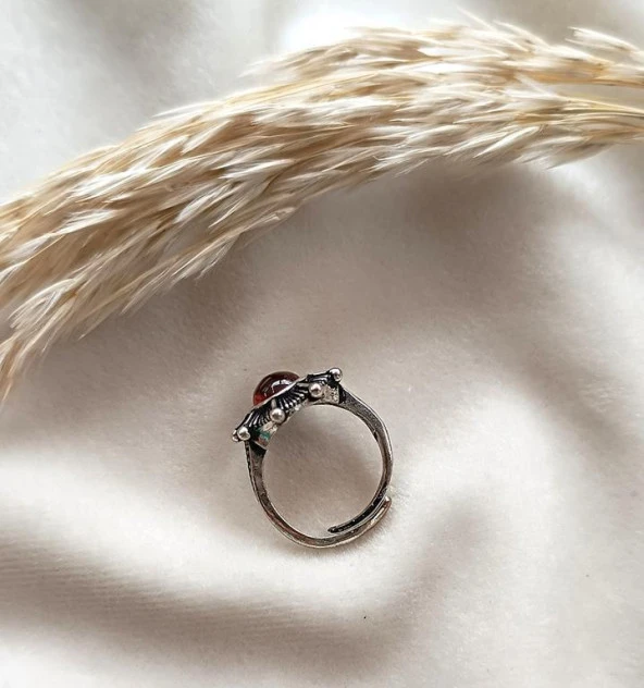 Yüzük Doğal Akik Taşı Ayarlanabilir Kadın Takı Çiçek Tasarım - Resim 4