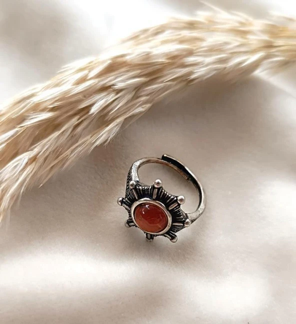 Yüzük Doğal Akik Taşı Ayarlanabilir Kadın Takı Çiçek Tasarım - Resim 6