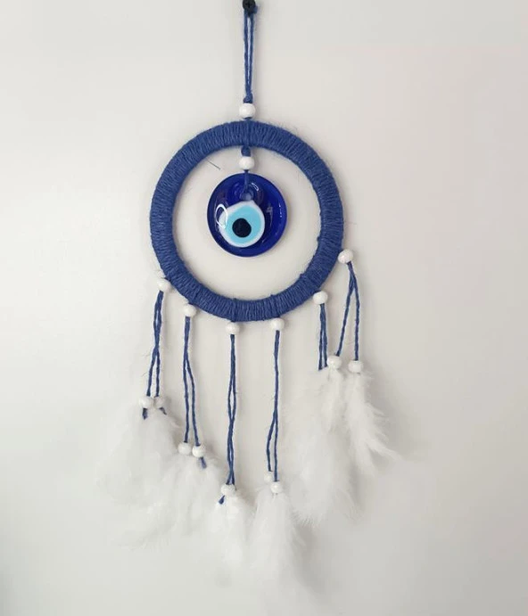 Nazar Boncuklu Mavi Düş Kapanı Dreamcatcher Kuş Tüyü Kötü Rüya Kovucu Rüya Kapanı Duvar Süsü - 2