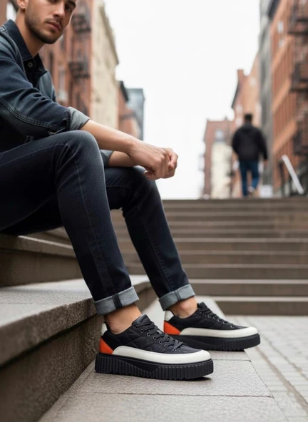 BA0801  Yüksek Taban Siyah Paraşüt Kumaş Turuncu Cilt Detaylı Erkek Ayakkabı - Resim 6