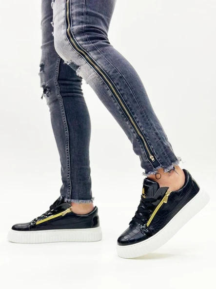 SNR-308  Kalın Yüksek Taban Çift Fermuarlı Siyah Beyaz Erkek Ayakkabı - Resim 5