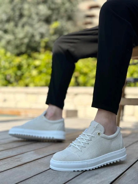 BA0152 Bağcıklı Yüksek Taban Krem Keten Erkek Ayakkabı - Resim 6