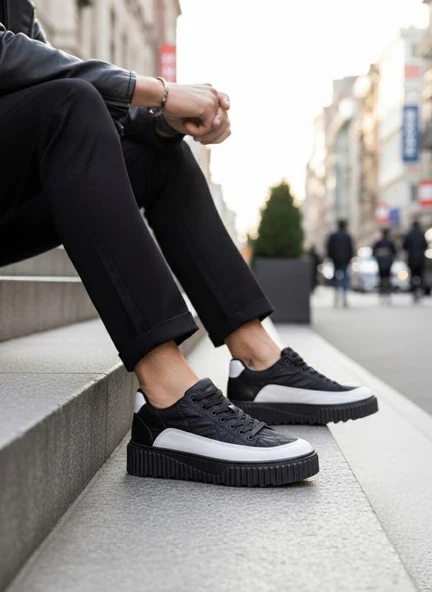 BA0801  Yüksek Taban Siyah Paraşüt Kumaş Beyaz Cilt Detaylı Erkek Ayakkabı - Resim 4