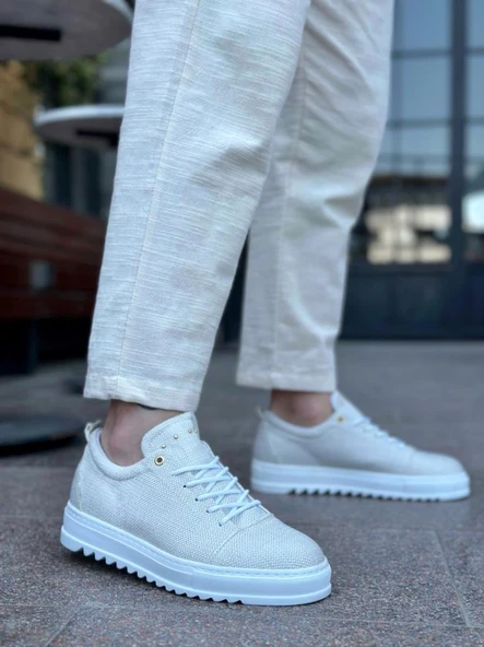 BA0152 Bağcıklı Yüksek Taban Krem Keten Erkek Ayakkabı - Resim 3