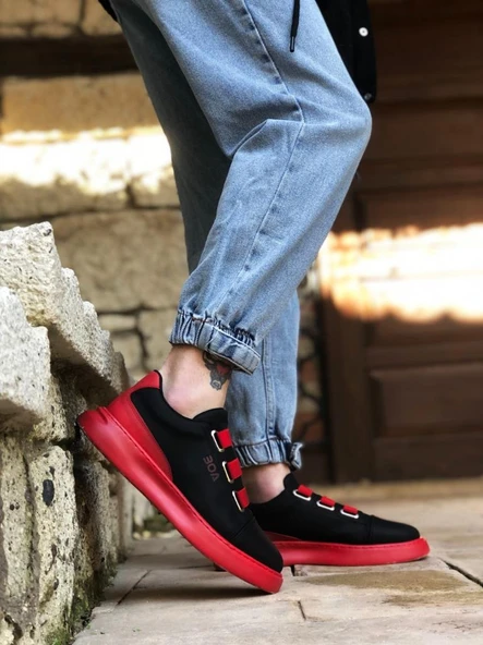 BA0329 3 Bant Siyah Kırmızı Kalın Taban Casual Erkek Ayakkabı - 4