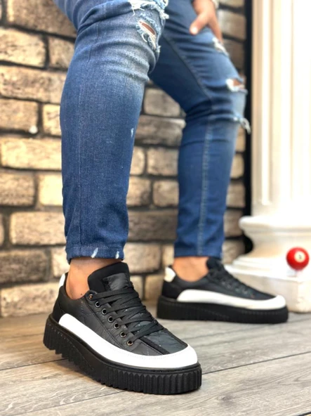 BA0801  Yüksek Taban Siyah Paraşüt Kumaş Beyaz Cilt Detaylı Erkek Ayakkabı ürün görseli