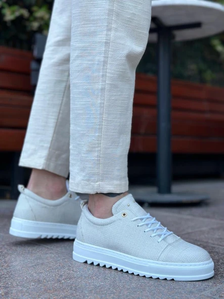 BA0152 Bağcıklı Yüksek Taban Krem Keten Erkek Ayakkabı - Resim 2