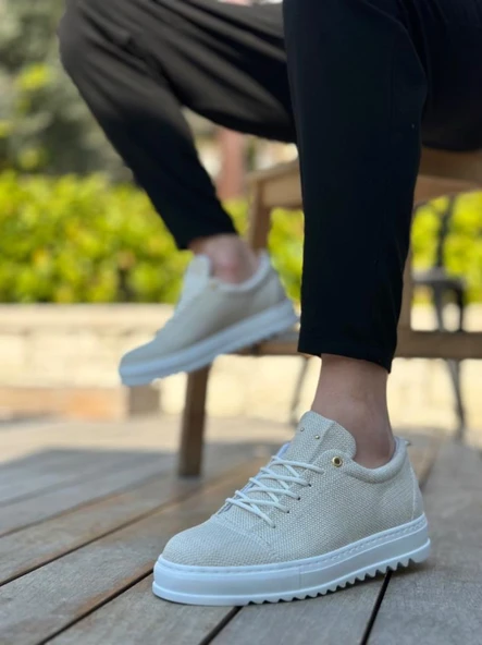 BA0152 Bağcıklı Yüksek Taban Krem Keten Erkek Ayakkabı - Resim 5