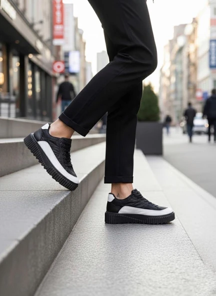 BA0801  Yüksek Taban Siyah Paraşüt Kumaş Beyaz Cilt Detaylı Erkek Ayakkabı - Resim 5