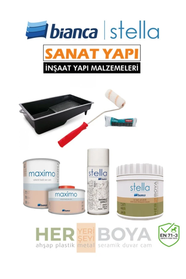 Stella Set 1 Lt - Siyah Boya Beyaz Mermer Effekt Sprey Maximo Sıvı Cam Ipek Mat