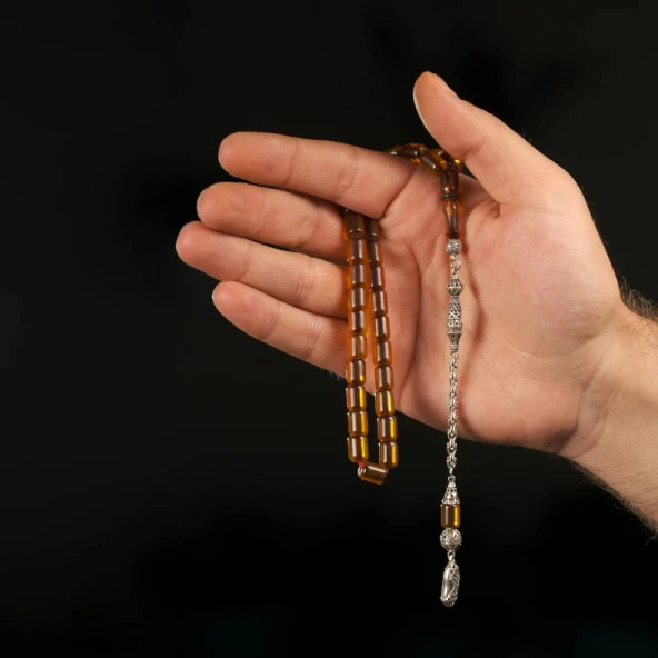 Gümüş Püsküllü 925 Ayar Sıkma Kehribar Tesbihi ürün görseli 1