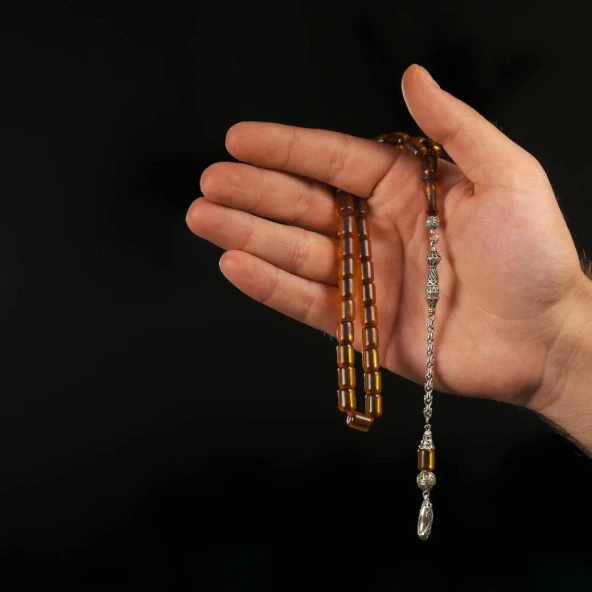 Gümüş Püsküllü 925 Ayar Sıkma Kehribar Tesbihi - Resim 2