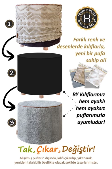 Yıkanabilir Puf Tabure Kılıfı Tak-Çıkar-Değiştir-Yenile Orta Sehpa Kılıfı By Mila Bej - 2