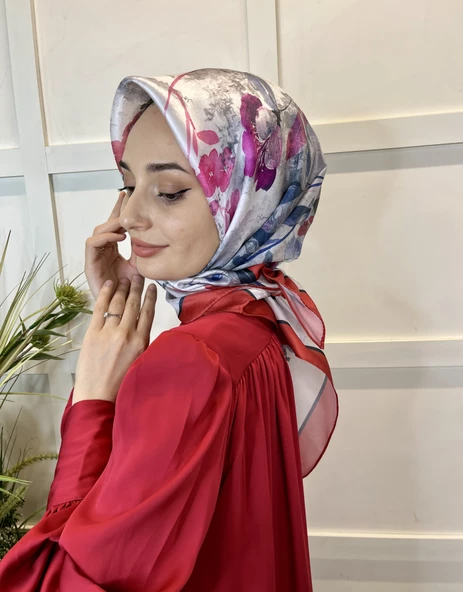Quare Kristal Eşarp, Çiçek Desenli 01069  KIRMIZI - 3