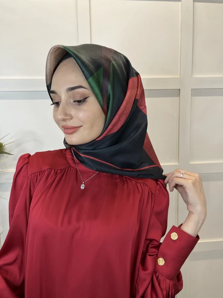 Quare Desenli Kristal Eşarp 01068  SİYAH KIRMIZI - 2