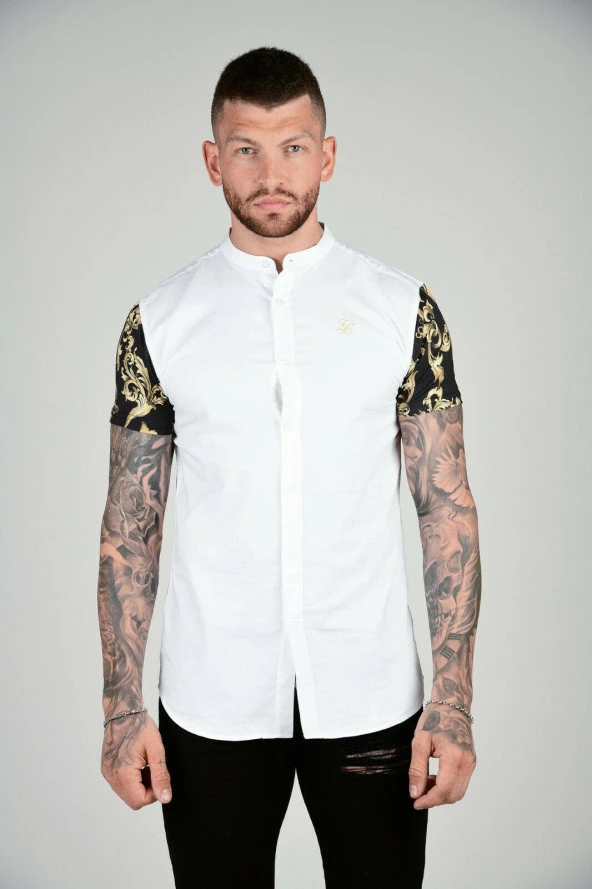 SikSilk S/S Grandad Collar Oxford Shirt - White & Gold