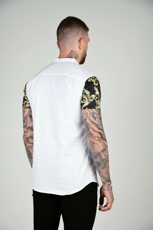 SikSilk S/S Grandad Collar Oxford Shirt - White & Gold - 2