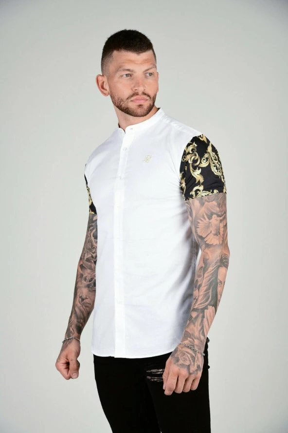 SikSilk S/S Grandad Collar Oxford Shirt - White & Gold - 3