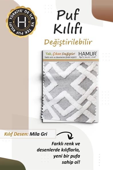 Yıkanabilir Puf Tabure Kılıfı Tak-Çıkar-Değiştir-Yenile Orta Sehpa Kılıfı By Mila Gri - Resim 3