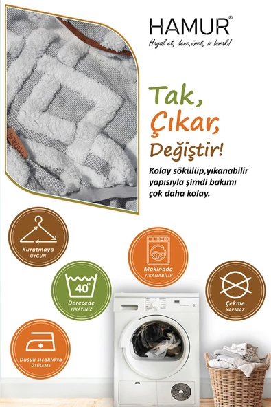 Yıkanabilir Puf Tabure Kılıfı Tak-Çıkar-Değiştir-Yenile Orta Sehpa Kılıfı By Mila Gri - Resim 4