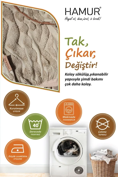 Yıkanabilir Puf Tabure Kılıfı Tak-Çıkar-Değiştir-Yenile Orta Sehpa Kılıfı By Letta Natural - Resim 4