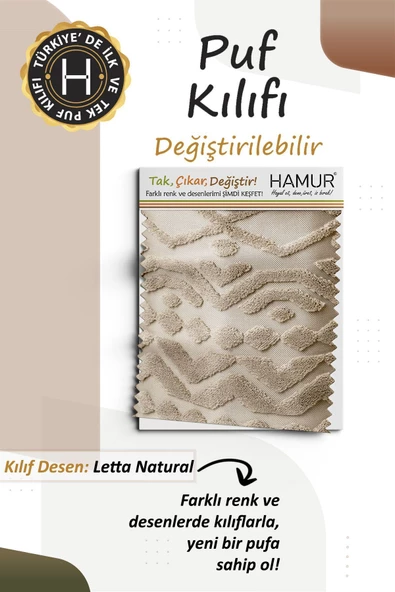 Yıkanabilir Puf Tabure Kılıfı Tak-Çıkar-Değiştir-Yenile Orta Sehpa Kılıfı By Letta Natural - Resim 3