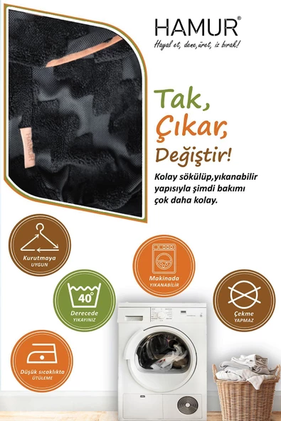 Yıkanabilir Puf Tabure Kılıfı Tak-Çıkar-Değiştir-Yenile Orta Sehpa Kılıfı By Zigzag Siyah - 4