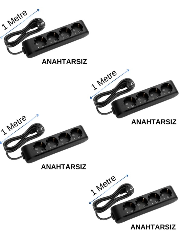 Viko (4'Lü) Dörtlü Priz Topraklı Kablolu Siyah 1 (Bir) Metre (4 Adet) ürün görseli 1