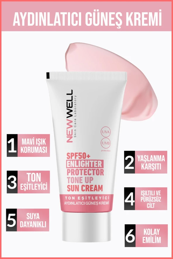 New Well yüksek Koruma Etkili SPF50+ Pembe Yüz Güneş Kremi 50 ml - Resim 4