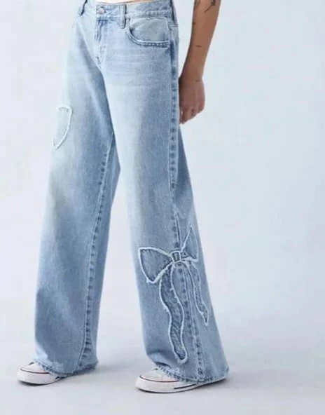 Bear Kadın Baggy Bol Paça Kelebekli Kot Pantolon - 4