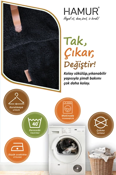 Yıkanabilir Puf Tabure Kılıfı Tak-Çıkar-Değiştir-Yenile Orta Sehpa Kılıfı Kc Teddy Siyah - 4