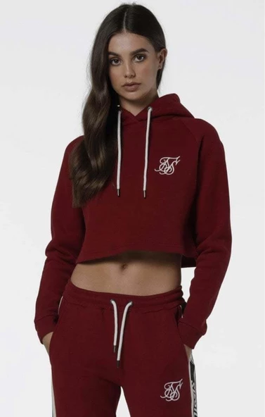 SikSilk Crop Bordo Kapşonlu Bayan Sweatshirt - 2
