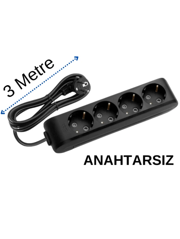 Viko (4'Lü) Dörtlü Priz Topraklı Kablolu Siyah 3 (Üç) Metre ürün görseli 1