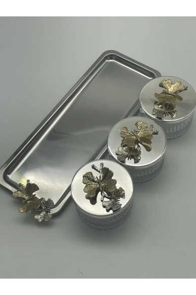 Gümüş Baton Tepsili, Kapaklı 3'lü Elysia Cam Kase - Magnolia, Çerezlik, Baharatlık, Dondurmalık