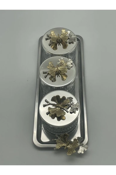 Gümüş Baton Tepsili, Kapaklı 3'lü Elysia Cam Kase - Magnolia, Çerezlik, Baharatlık, Dondurmalık - 3