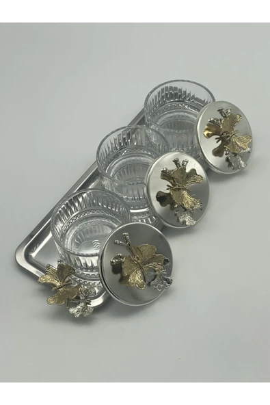 Gümüş Baton Tepsili, Kapaklı 3'lü Elysia Cam Kase - Magnolia, Çerezlik, Baharatlık, Dondurmalık - 2