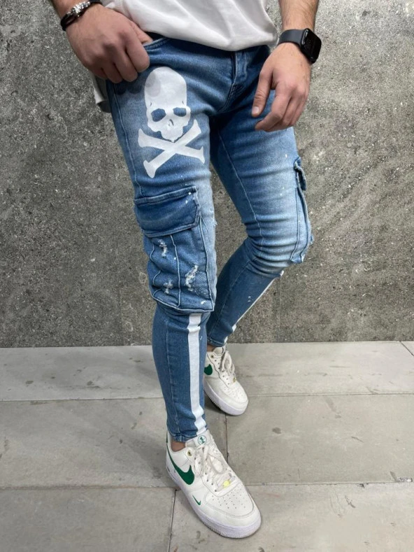 Premium Skull Line Cargo Slim Fit Kot Pantolon Mavi - 2