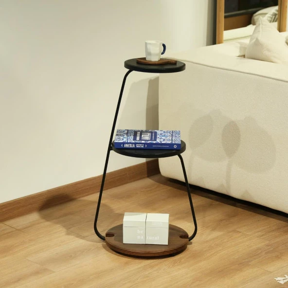 Dizayn 3 lü Raflı Dekoratif Metal Gövdeli Çok İşlevli Sehpa Salon Köşe - 2