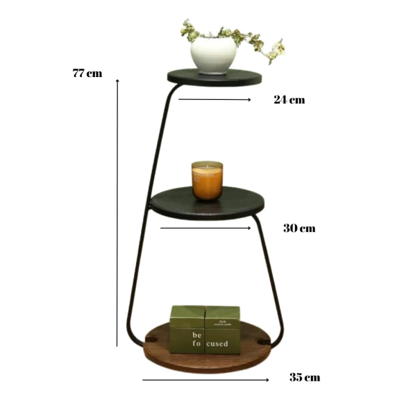 Dizayn 3 lü Raflı Dekoratif Metal Gövdeli Çok İşlevli Sehpa Salon Köşe - 4