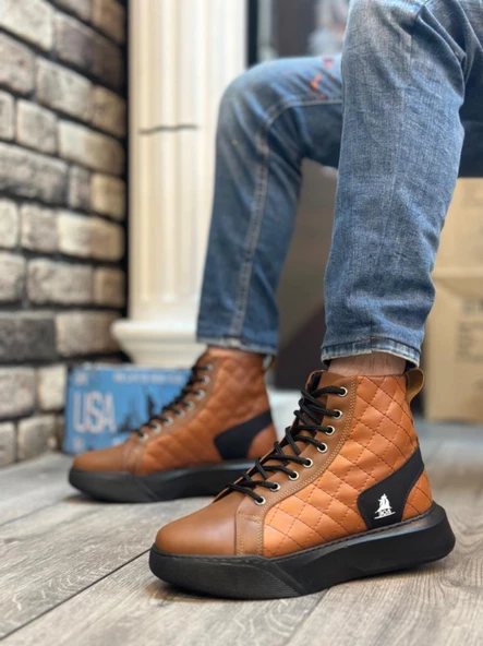 BA0159 Bağcıklı Koyu Taba Kapitone Erkek Yüksek Taban Spor Bot - 2