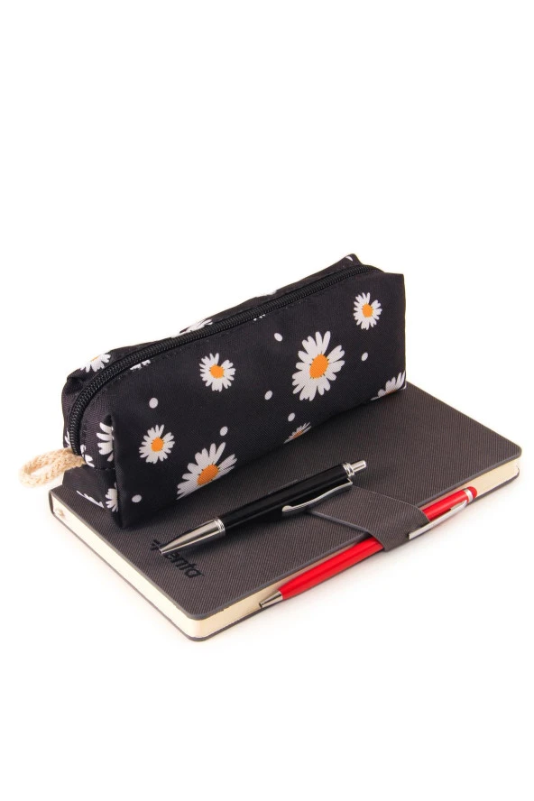 Siyah Papatya Desenli Kalemlik Fermuarlı Makyaj Çantası - 2